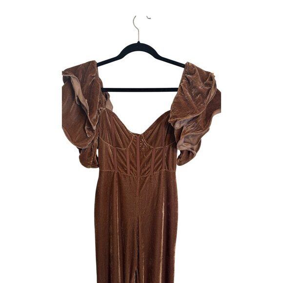 PrettyLittleThing Size 0 Brown Velvet Jumpsuit Ruffle Sleeves Lace-Up Detail NWT - Picture 4 of 16